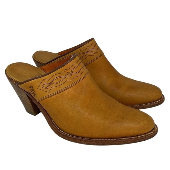 FRYE Mules Shoes Leather Slip On Western Embroidered Heels Size 7 - Picture 1 of 11